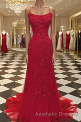 A-Line/Princess Spaghetti Straps Sweep Train Tulle Evening Prom Dresses With Appliques Lace